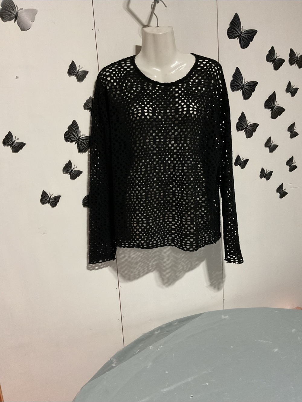 Black Crochet Long-Sleeve Women's Top